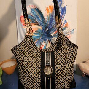 Large TOMMY HILFIGER cream|black canvas, faux leather monogram shoulder tote bag